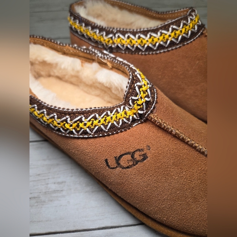 NWOT UGG Brown Suede Slippers with Yellow Accents - Picture 2 of 4